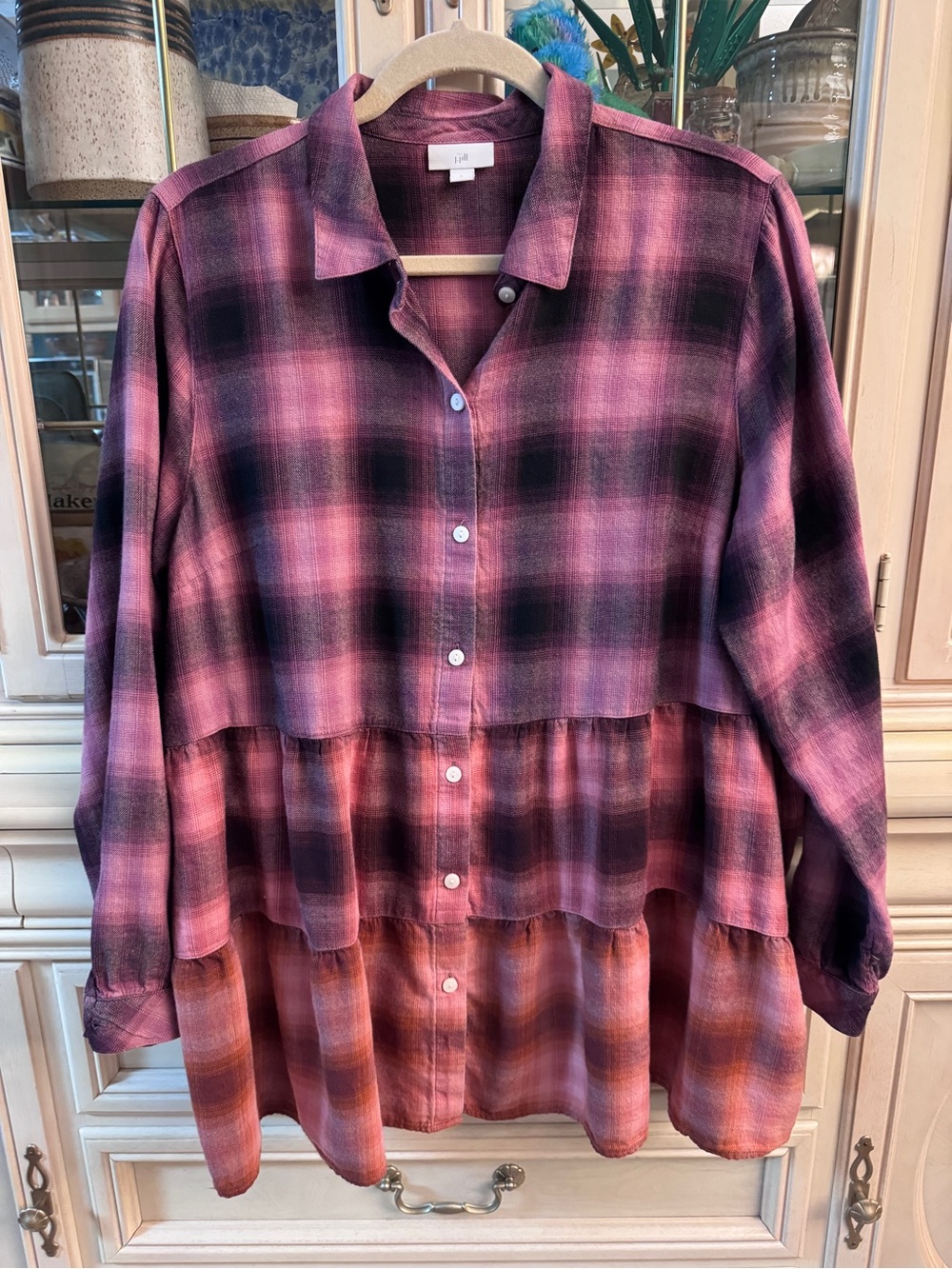 J. Jill Pink and Black Plaid Tiered Button-Down Shirt